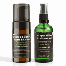 Load image into Gallery viewer, VLEssentials Double Cleansing Bundle with oil cleanser and foaming facial wash for pigmentation and dark spots treatment