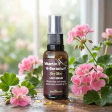 Load image into Gallery viewer, VLEssentials Vitamin E and Geranium face serum bottle for dry skin hydration and repair, 30ml Australian made