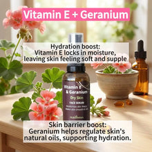 Load image into Gallery viewer, VLEssentials Vitamin E & Geranium Face Serum for dry skin hydration and repair 30ml bottle