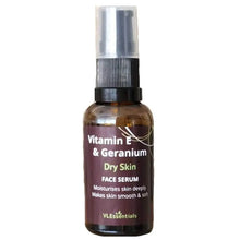 Load image into Gallery viewer, VLEssentials Vitamin E and Geranium Face Serum for dry skin hydration and repair 30ml bottle
