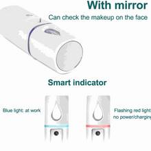 Load image into Gallery viewer, Portable Nano Mist Sprayer with mirror and smart indicator showing blue and red light statuses
