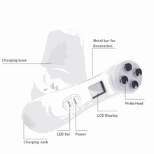 Load image into Gallery viewer, Femvy LED Glow Wand handheld device with probe head, LCD display, power button, LED selector, charging base and charging jack for light therapy skin treatment

