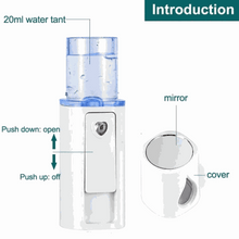 Load image into Gallery viewer, Portable Nano Mist Sprayer with 20ml water tank, mirror, and cover for skincare hydration and refreshing use

